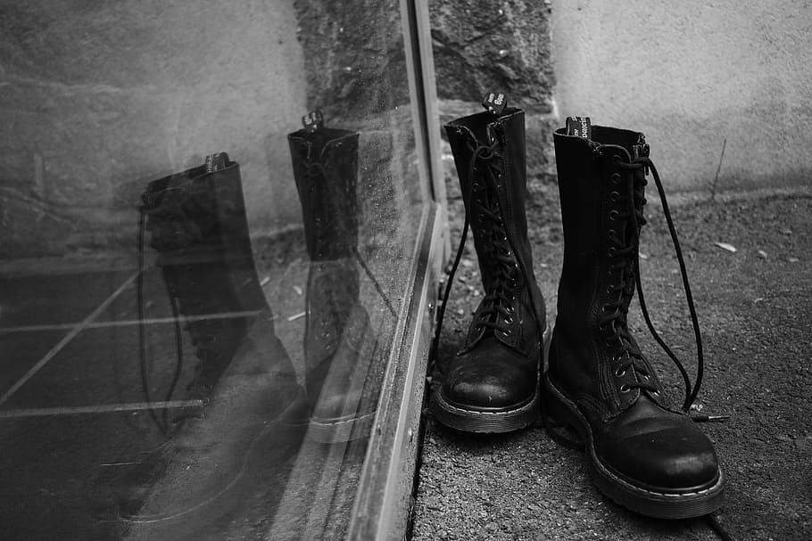Shoes, Boots, Dr, Martens, Window, dr, martens, reflection, footwear, pair, black And White