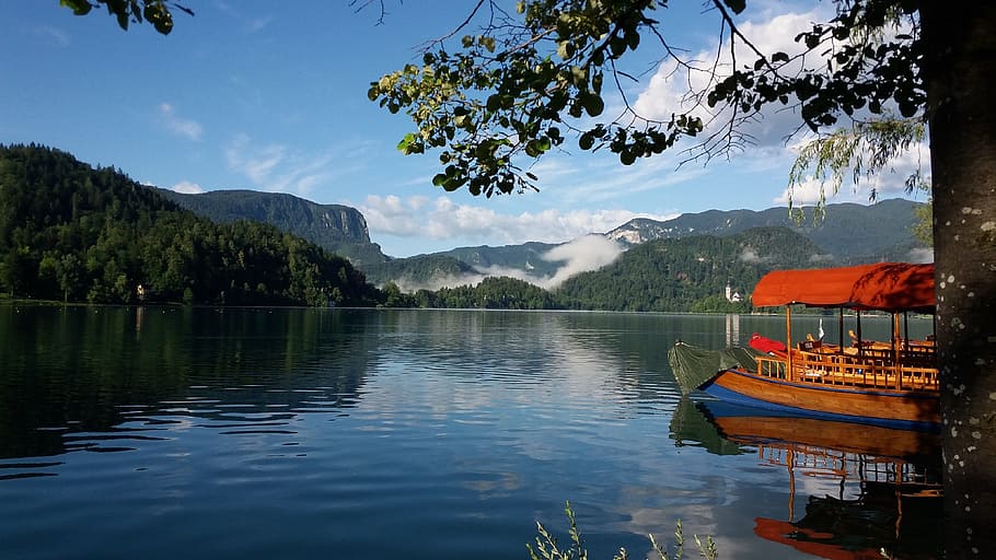 water, nature, lake, travel, reflection, lake bled, slovenia, tourism, mountain, nautical vessel