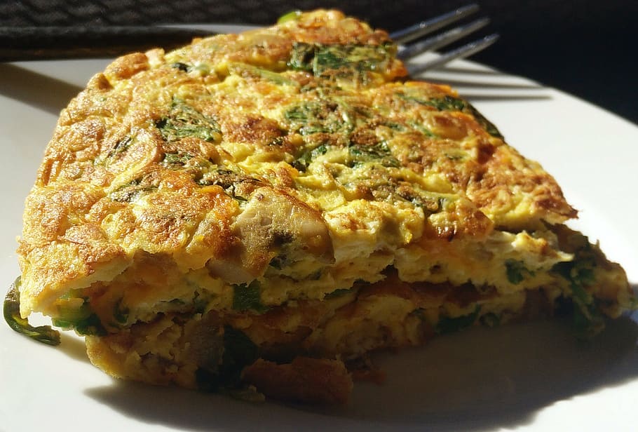garfo de aço inoxidável, omelete, receita, ovo, cozinhar, refeição, comida, vegetal, café da manhã, saudável