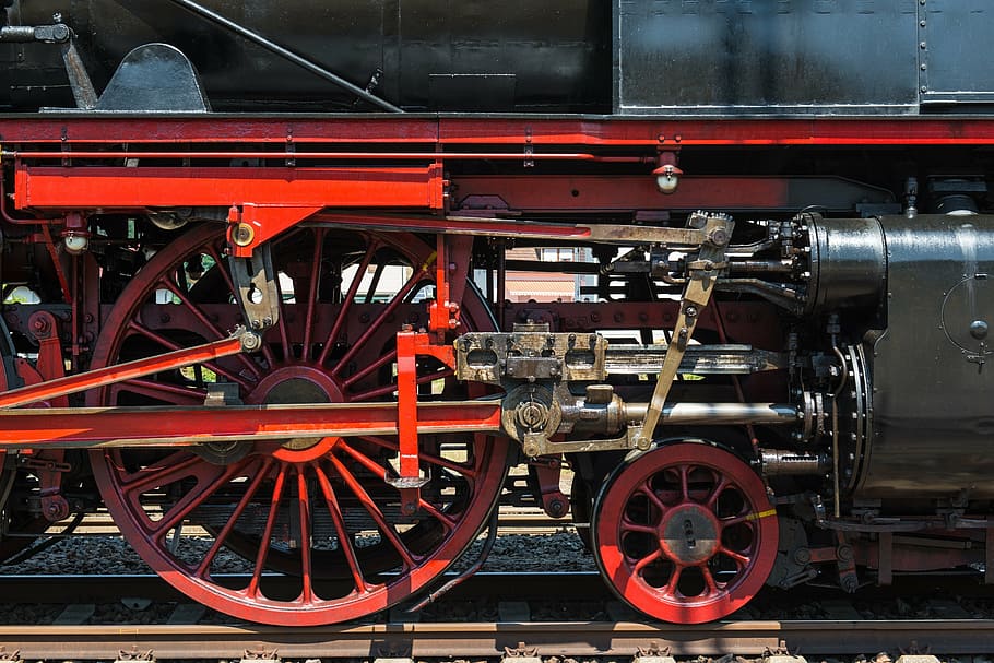 merah, hitam, kereta api, lokomotif uap, batang penghubung, roda, sasis, silinder, pinion, teknologi