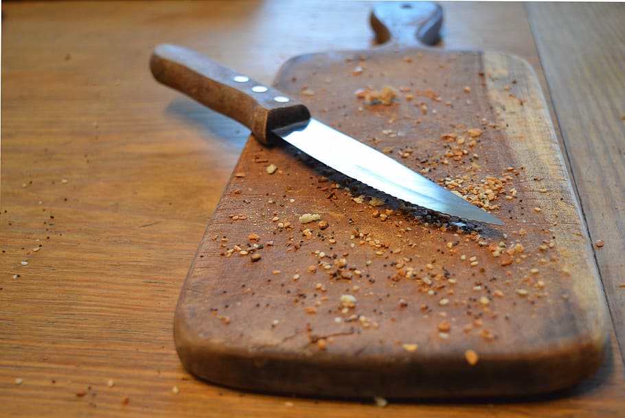 knife, chopping, board, brown, wooden, handle, cutting board, kitchen, crumbs, chef