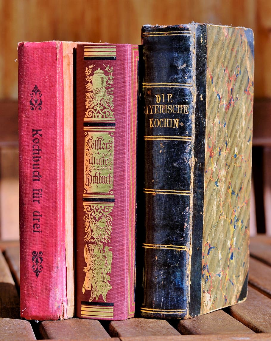 three, assorted-title books, brown, slatted, table, cookbook, book, antiquariat, antiquarian cookbook, antique cookbook