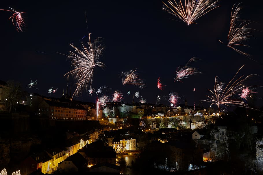 festival, darkness, flare-up, fireworks, light, luxembourg, color, rocket, new year's greetings, lights