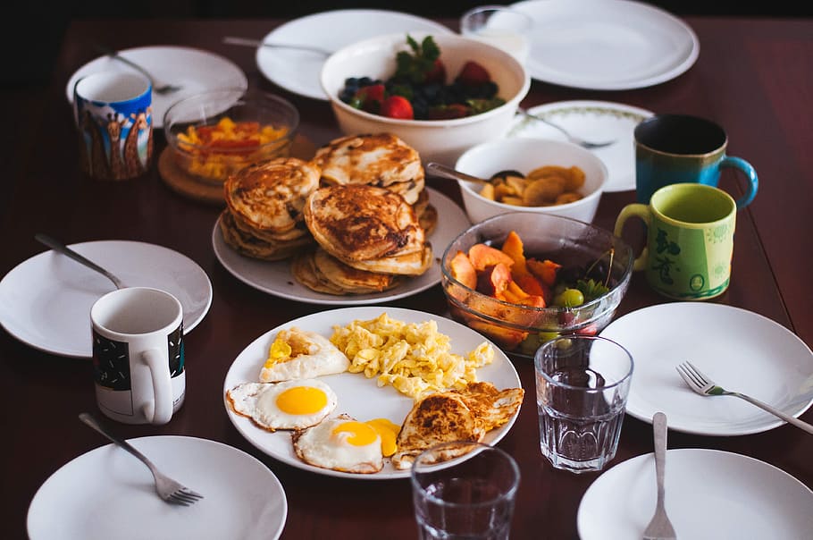 food, eat, breakfast, eggs, sunny, side, scrambled, yolk, pancakes, fruits