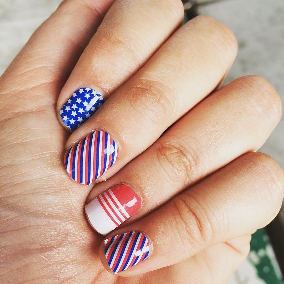 assorted-color manicure, nail art, 4th of july nails, hands, jamberry, nail polish, human body part, human finger, human hand, one person