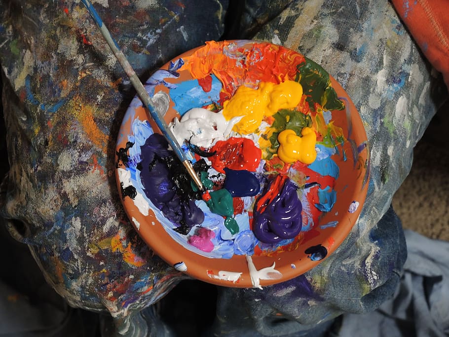 paint, brush, colours, colors, art, creative, multi colored, close-up, high angle view, messy