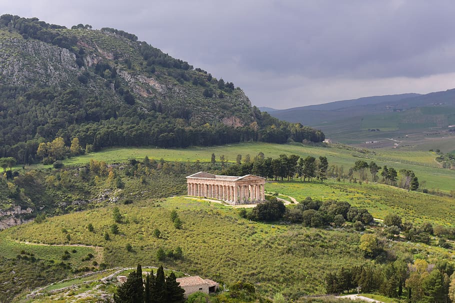 Segesta, templo, Sicilia, aérea, fotografía, árboles, planta, montaña, pintorescos - naturaleza, color verde