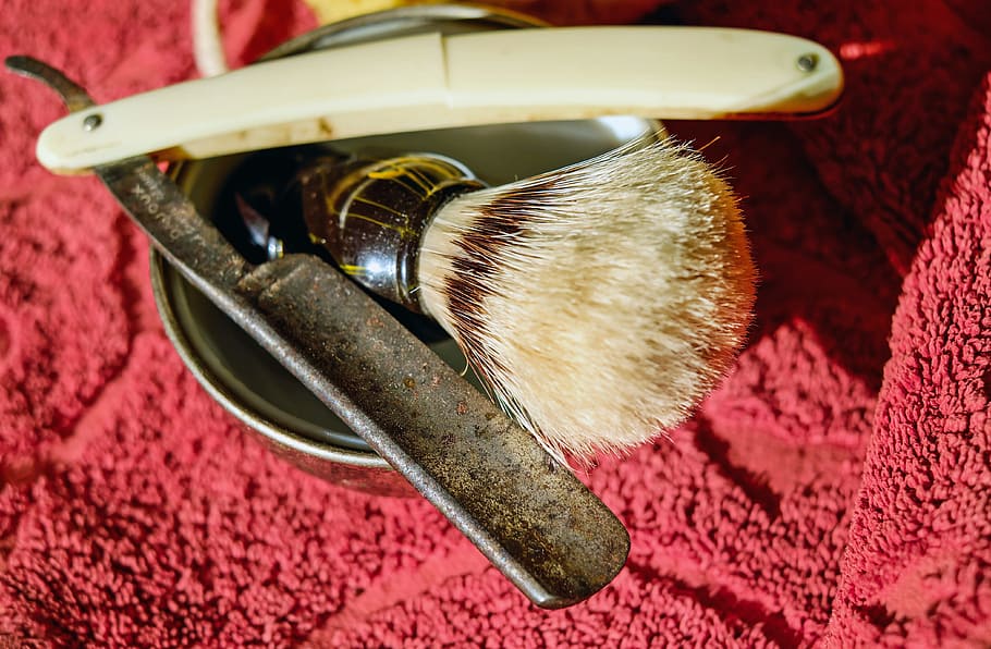 beige, handle, straight, razor, knife, carbon steel, horn handle, shaving brush, shaving mug, indoors
