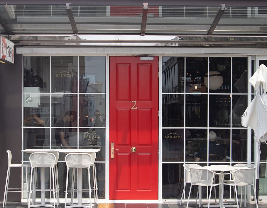 door, red, cafe, city, architecture, building, glass, front, chairs, table