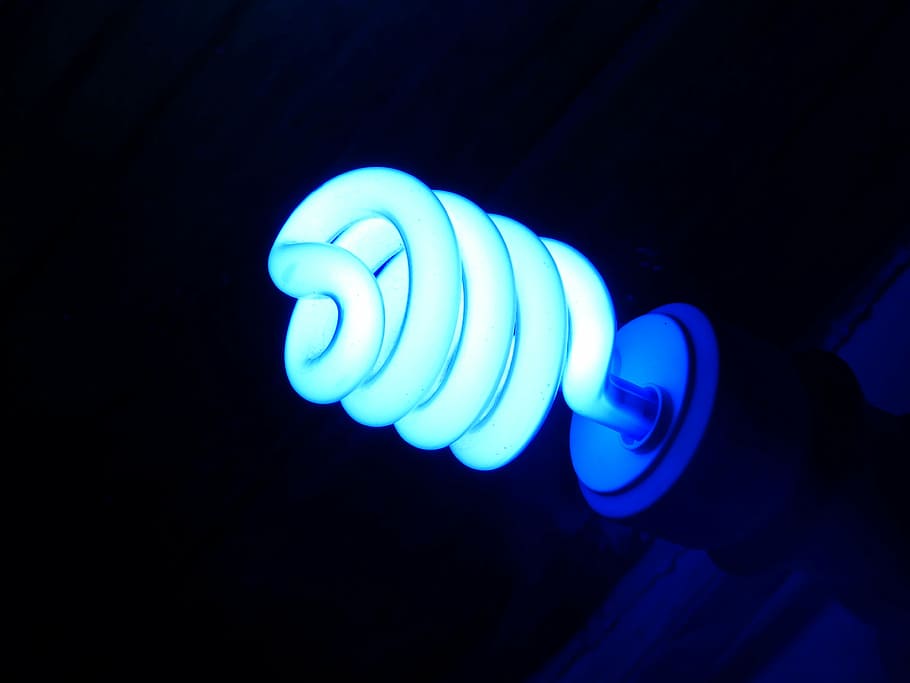 bola lampu, cahaya, biru, fokus, penerangan, listrik, lampu, energi, konsumsi rendah, latar belakang hitam