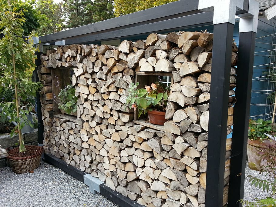 holzstapel, wood wall, partition wall, cottage, park, stack, large group of objects, log, firewood, wood