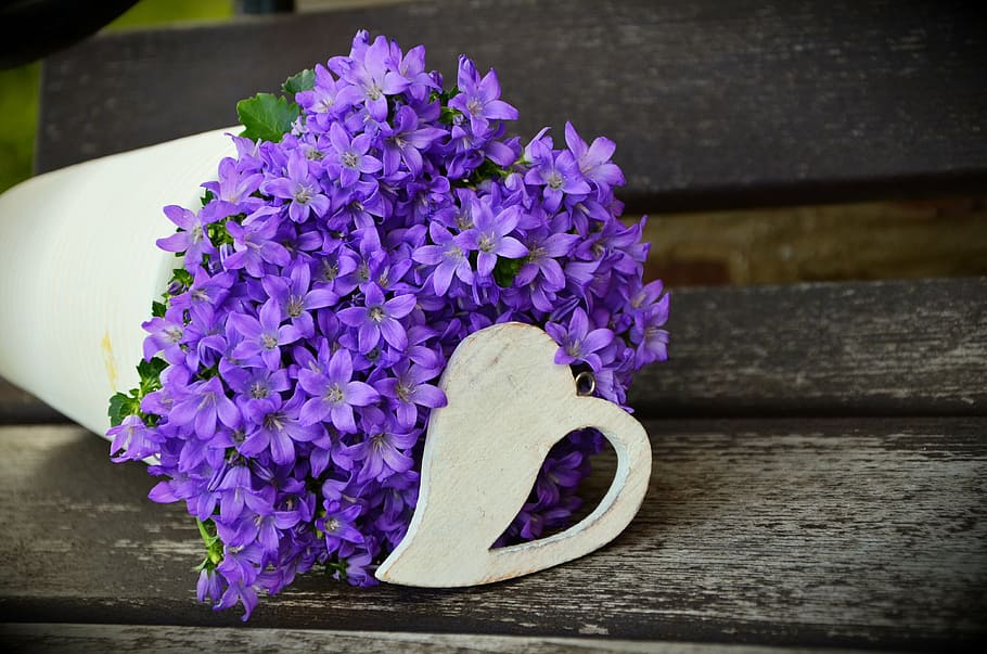 purple, cluster flowers, white, vase centerpiece, closeup, flowerpot, flower purple, mother's day, heart, arrangement