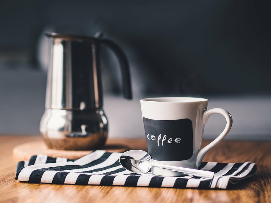 white, black, coffee, labeled, ceramic, mu, stainless, pitcher, morning, cup