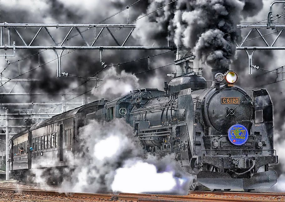 grayscale, train, smoke, japan, locomotive, hdr, sky, clouds, railroad, tracks