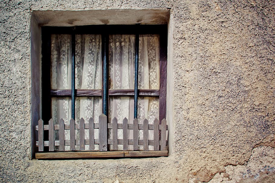 windowpane window, covered, curtain photo, lattice windows, fence, wall, wooden windows, wood fence, seedlings, structure