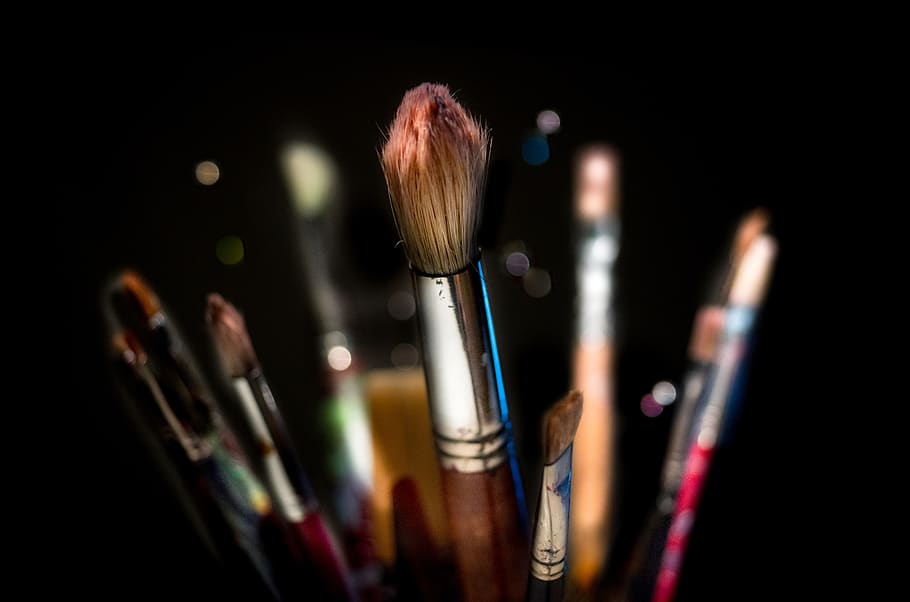 brushes, isolated, black, backdrop, painting, creative, arts, paintbrush, paint, shadow