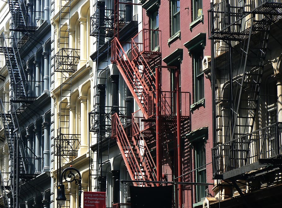new york, city, architecture, building, facade, fire escape, escape, escape route, head of rescue, external staircase