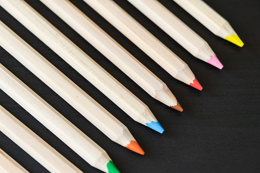 colored, pencils, black, desk, Long, Colored Pencils, Row, colorful, coloring, colors