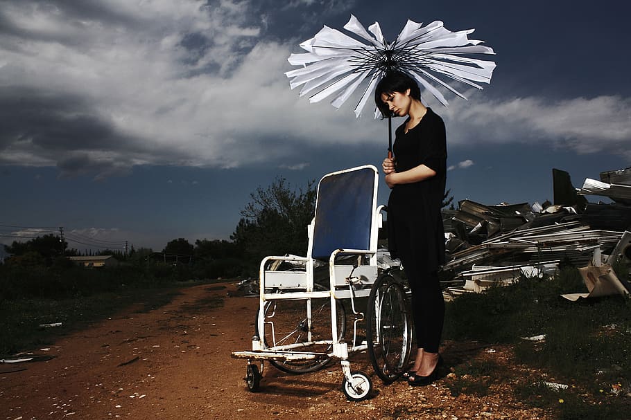woman, standing, empty, wheelchair, holding, broken, umbrella, fiction, women's, model