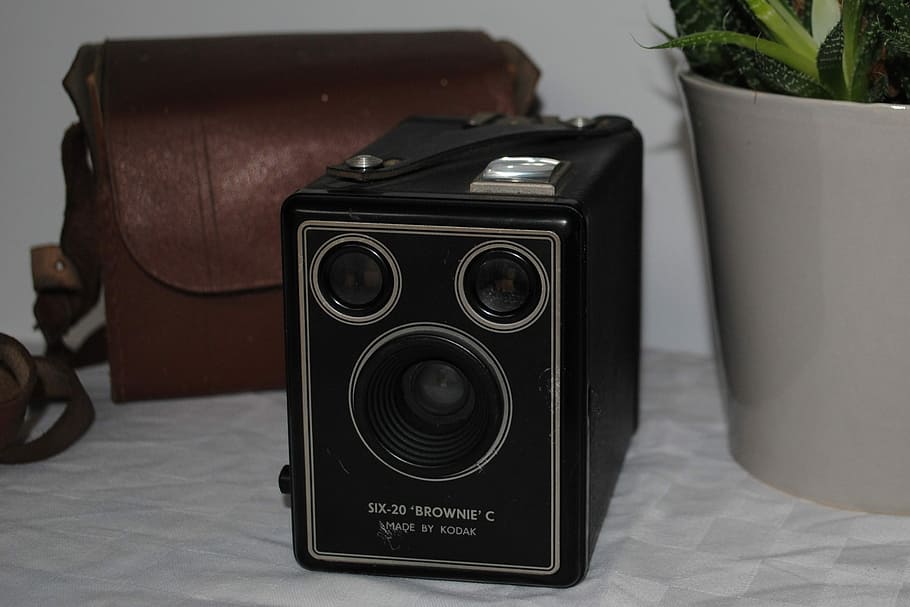 Camera, Flea Market, Photography, former, kodak, old, vintage, black, pannier, leather