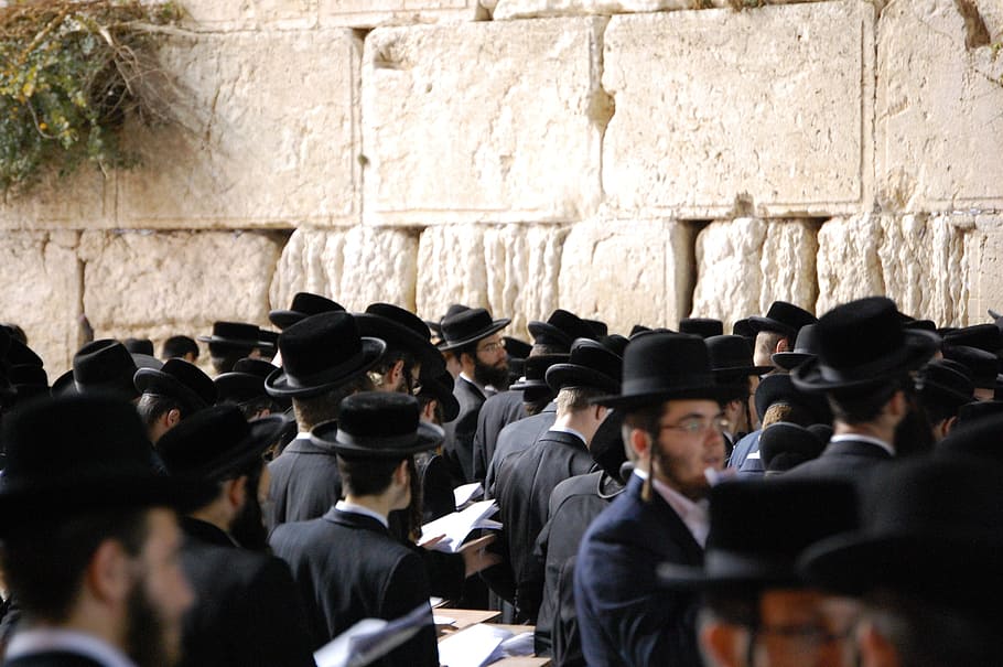 crowd, people, wearing, black, suit, cap, jerusalem, wall, western wall, orthodox