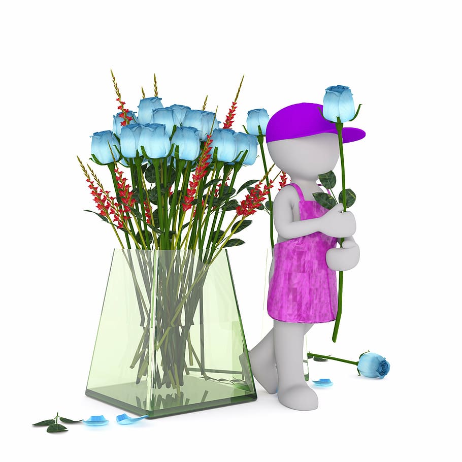 blue, rose, flowers, glass vase, male, mannequin, holding, flower, wearing, pink