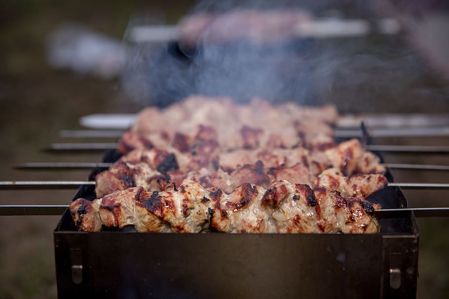 selective, focus photography, meat skewer, grill, Shish Kebab, Meat, Food, Mangal, Bbq, summer
