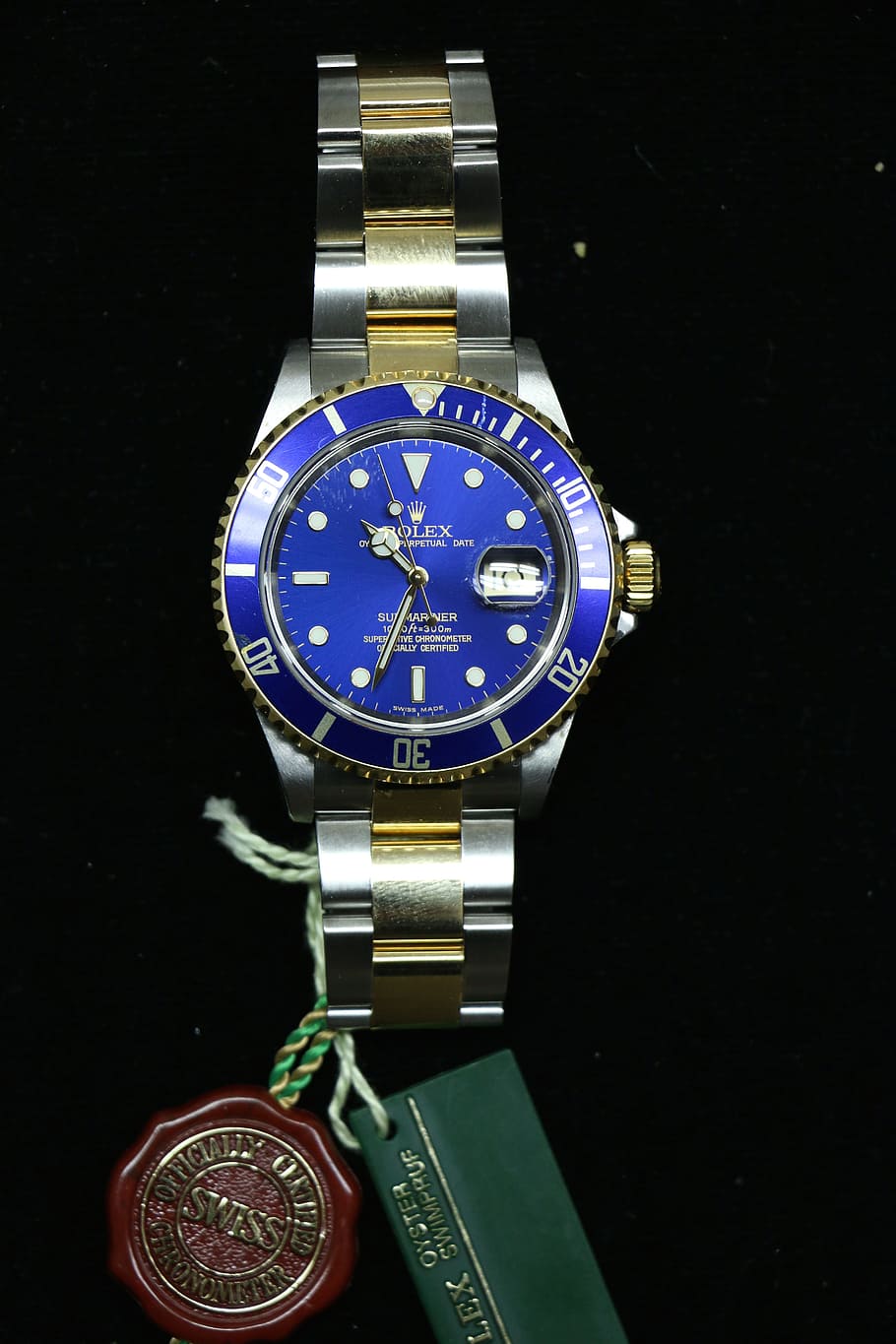 redondo análogo rolex de color plateado, reloj, banda de enlace, reloj de pulsera, Rolex, submarino, azul, hora, esfera del reloj, fondo negro