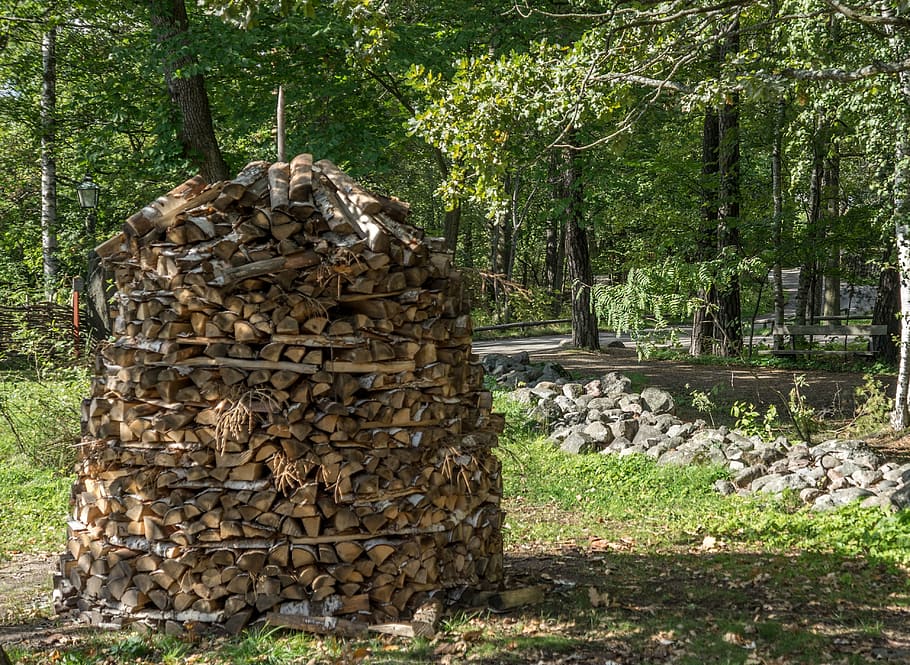 wood, stack, pile, skansen, stockholm, sweden, scandinavia, environment, tree, plant