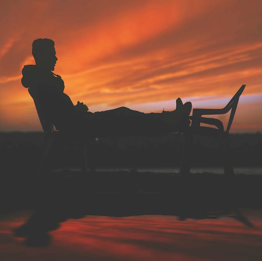 silhouette, man, leaning, backrest, feet, chair, daytime, sitting, armchair, people