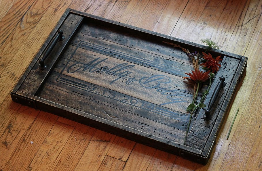 rectangular, brown, wooden, serving, tray, wood, metal, rustic, reclaimed, flower