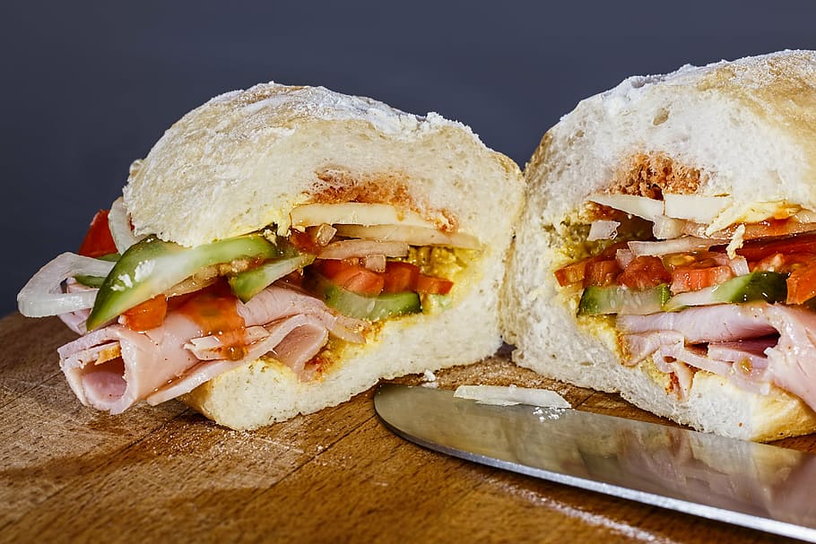 ham sandwich, snack, sandwich, slice, sliced, bread roll, rolls, food, bread, tasty