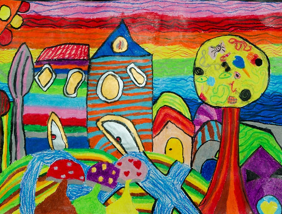 close-up photo, multicolored, abstract, painting, children drawings, coloring, houses, garden, multi colored, art and craft