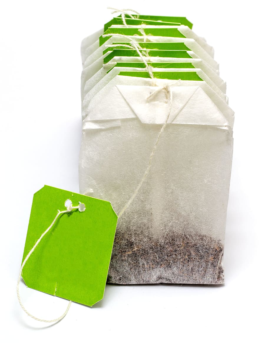 white, green, tea bag, teabag, tea, label, drink, natural, green color, white background