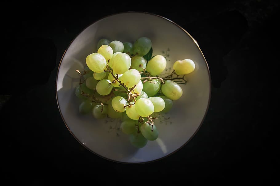 green, grapes, served, white, ceramic, plate, fruits, food, bowl, sunlight