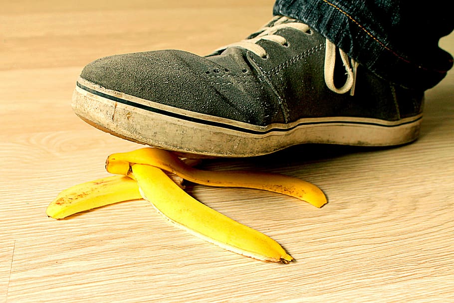 person, stepping, banana, peel, banana peel, used shoes, hardwood floors, danger, slip, shoe