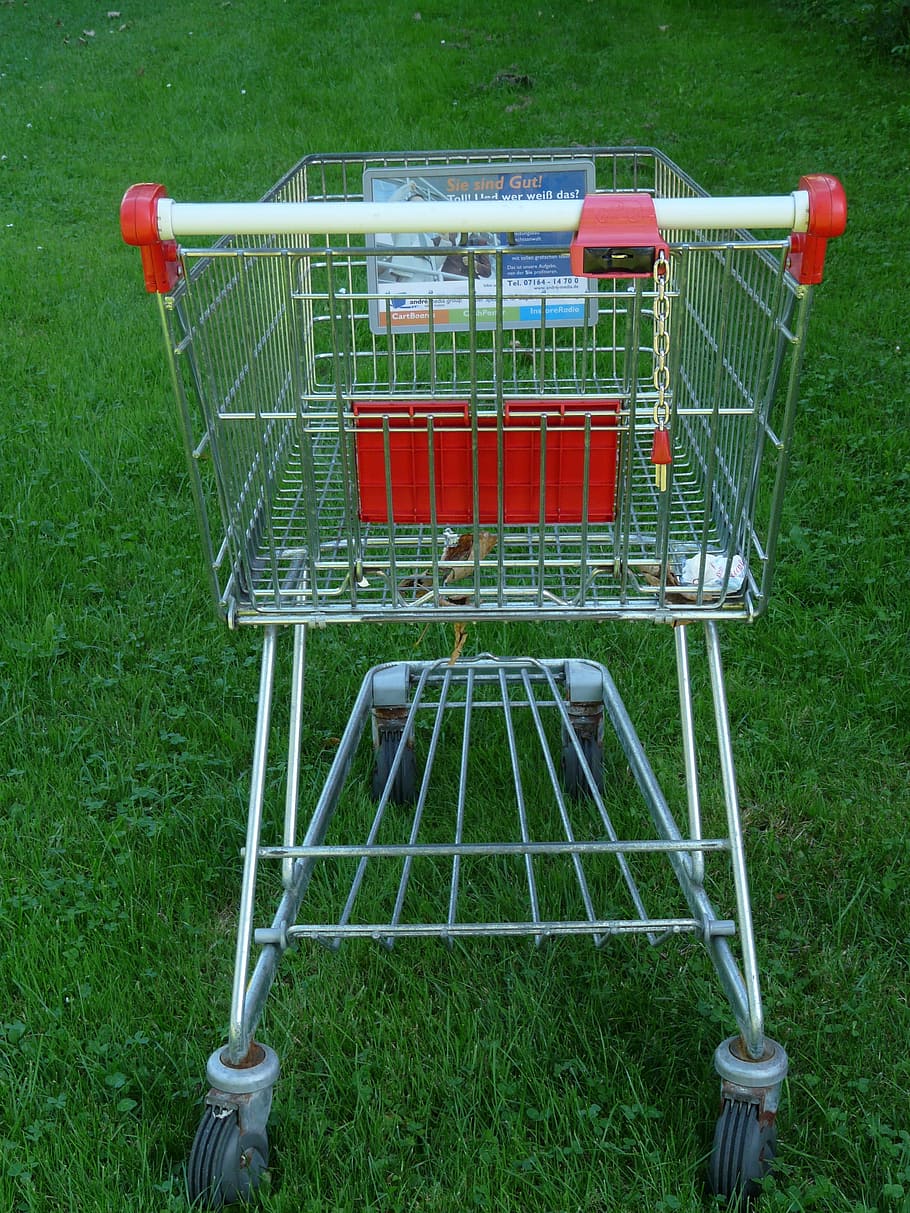 Shopping Cart, Supermarket, shopping, wire basket, castor wheels, thrust car, transport, goods, consumerism, grass
