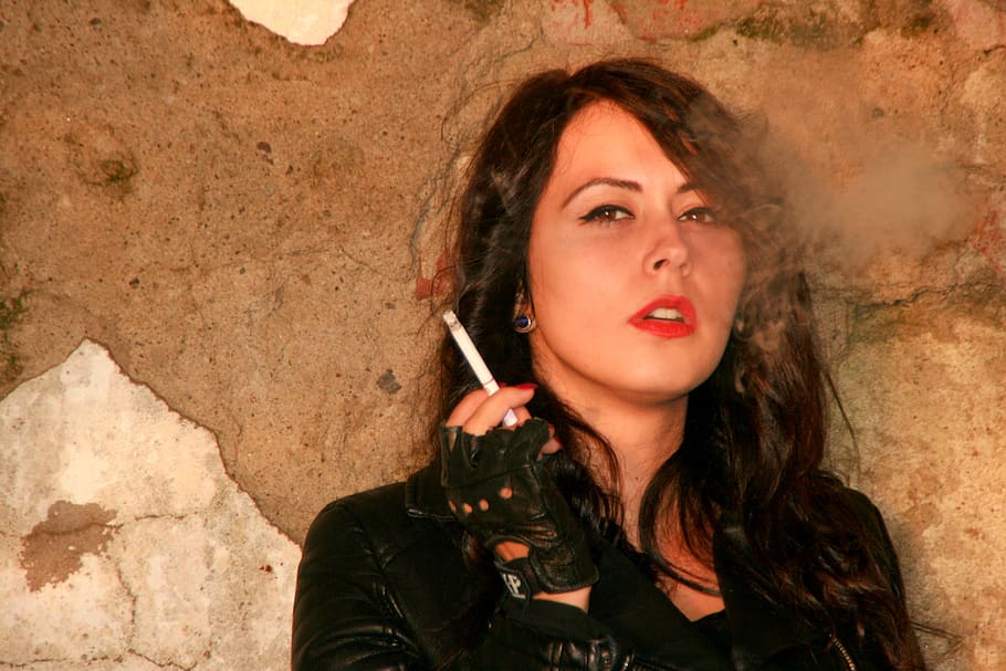 Girl Leather Jacket Cigarette Black Hair Seduction One Person