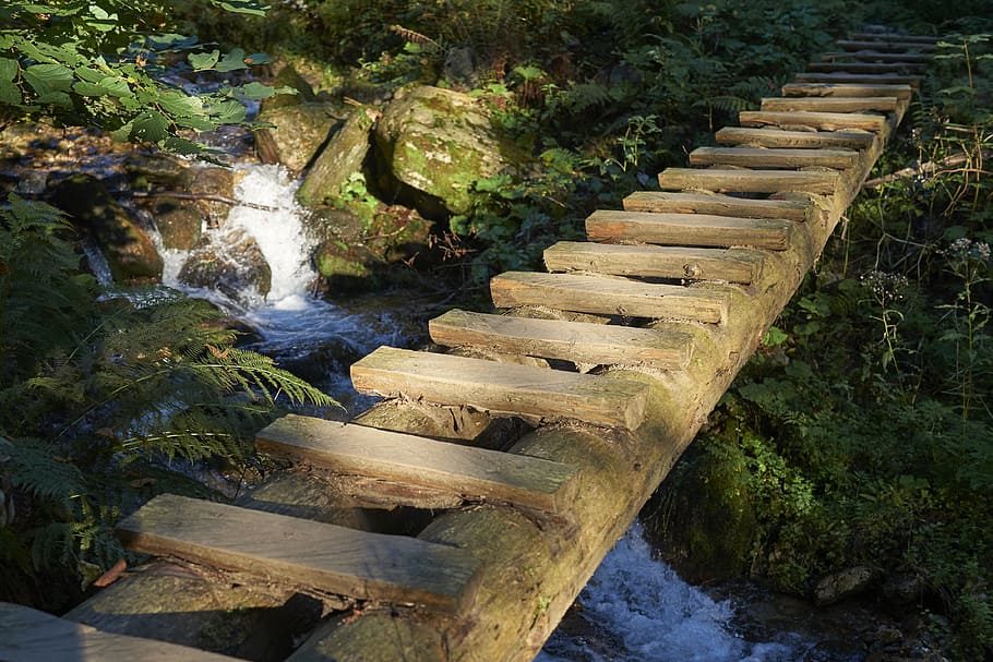 waterfalls, brown, wooden, bridge, vrútky, ferrata, water, creek, torrent, slovakia