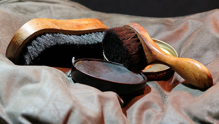 two, brown, handle, shoe brushes, grey, textile, shoeshine, shoe polish, shine brush, applicator brush