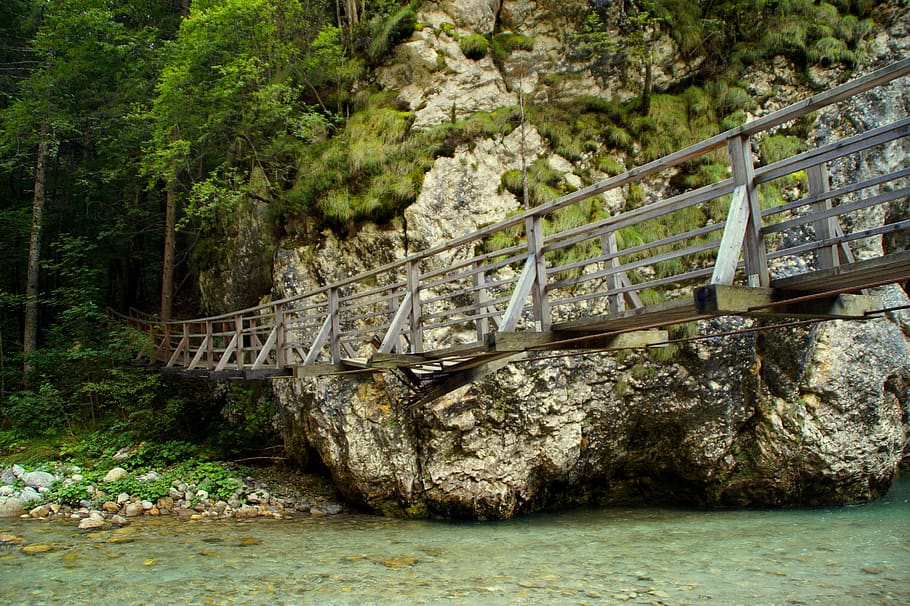 suspension bridge, bridge, river, slovenia, broke, bridge of lies, hike, cross, crossing, water