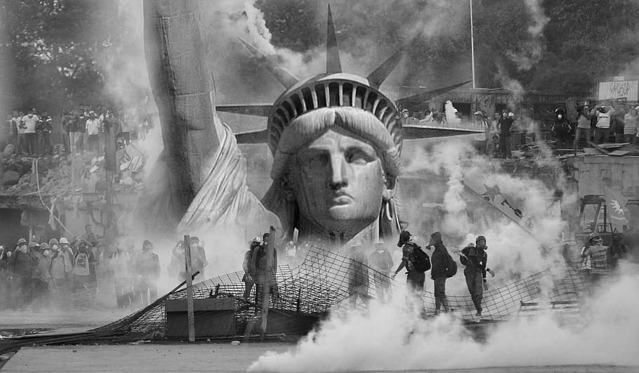 grayscale photo, statue, liberty, the statue of liberty, violence, anarchy, event, smoke bomb, conceptual, will