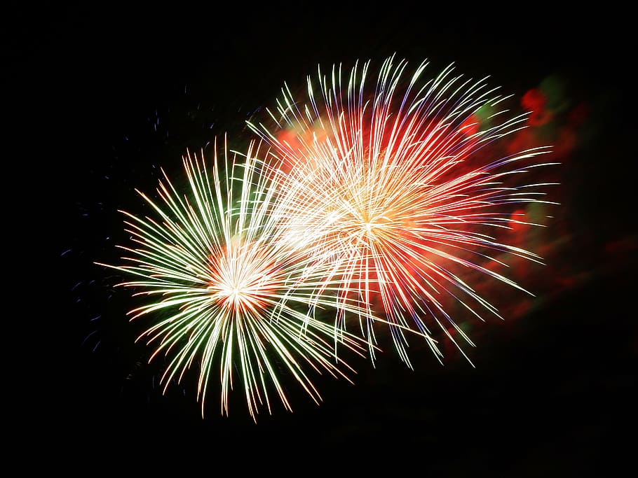 red, green, fireworks display, fireworks, pyrotechnics, fireworks art, event, shower of sparks, celebration, exploding