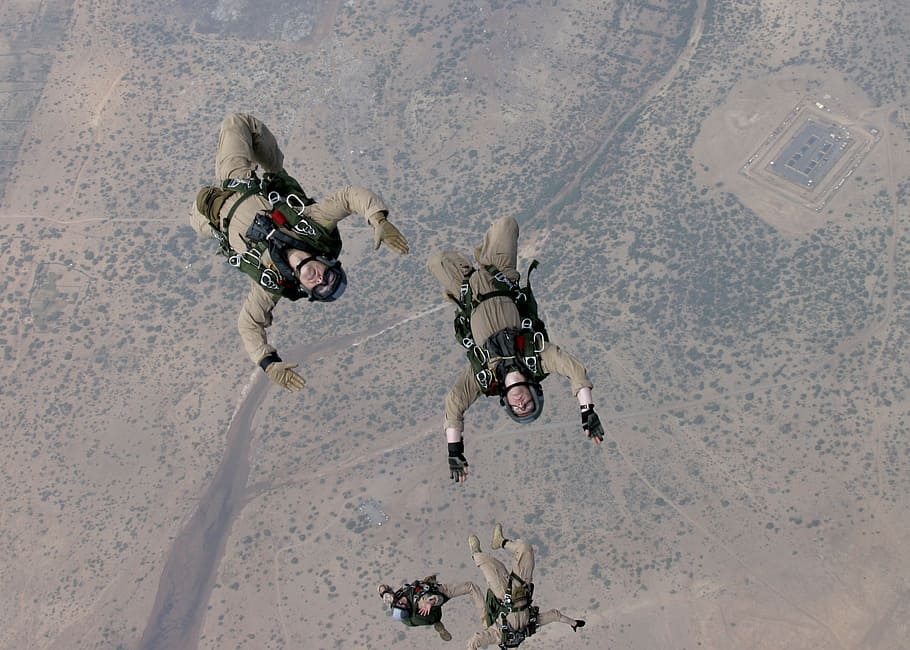 parachute, skydiving, parachuting, jumping, training, military, skydivers, plane, parachutists, danger