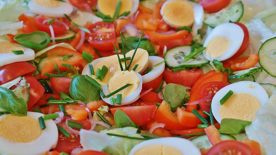 boiled, egg, tomatoes, cucumbers, salad, mixed, tomato, cucumber, iceberg lettuce, green