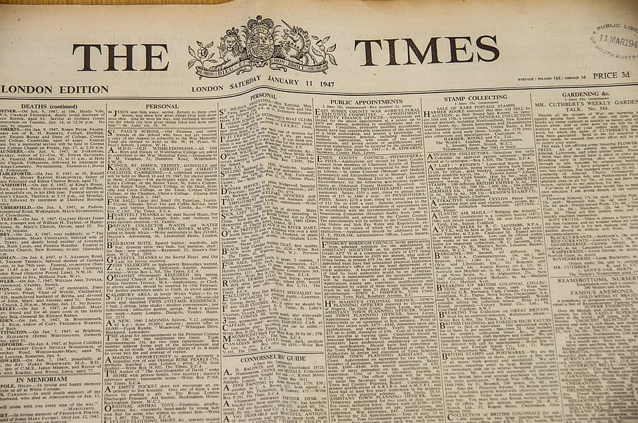Times News Paper, The Times, periódico, histórico, impresión, texto, papel, frente, página, clasificados