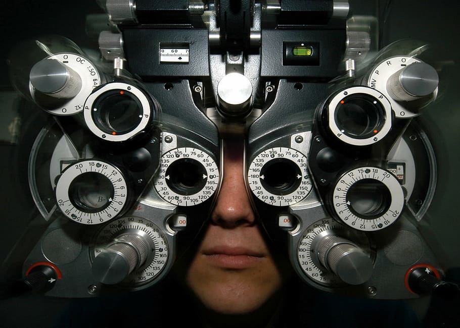 preto, cinza, branco, eletrônico, dispositivo, óculos, exame, optometria, visão, médico