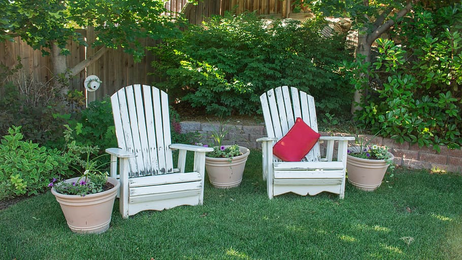 blanco, de madera, sillones de jardín, verde, césped, diurno, patio, sillones, patio trasero, sillas