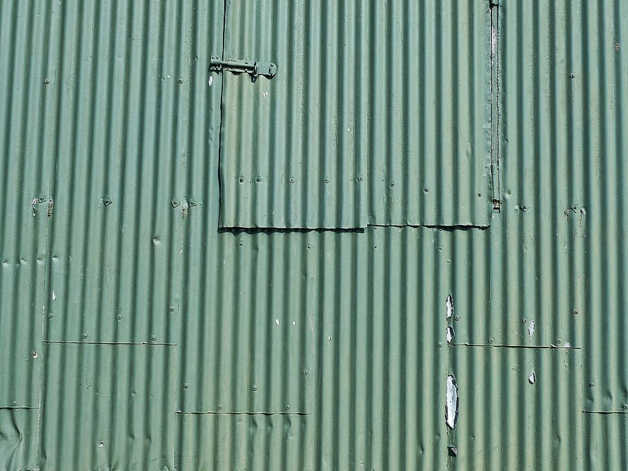 corrugated iron, green, pattern, industrial, old, roofing, striped, peeling, decay, full frame