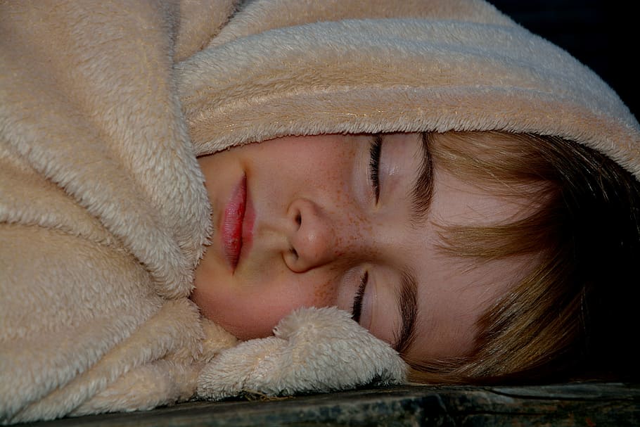 child, sleeping, brown, textile, sleep, girl, blanket, night, tired, human
